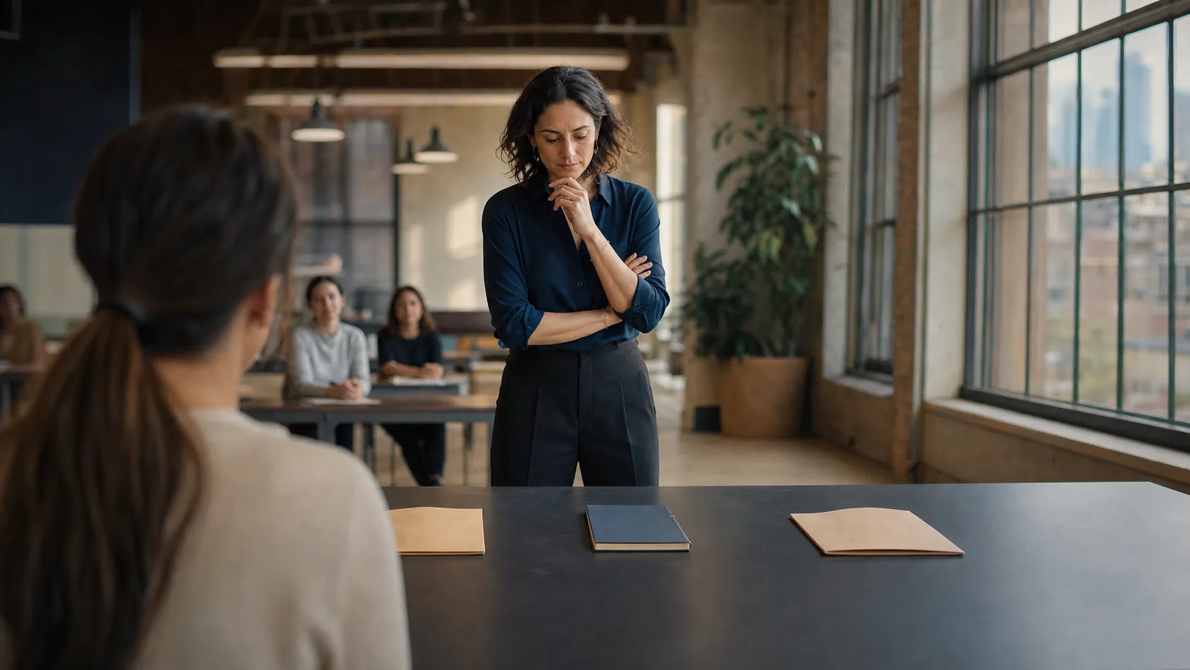 Facilitator considers two unmarked folders in a sunlit training studio while learners watch in the background.